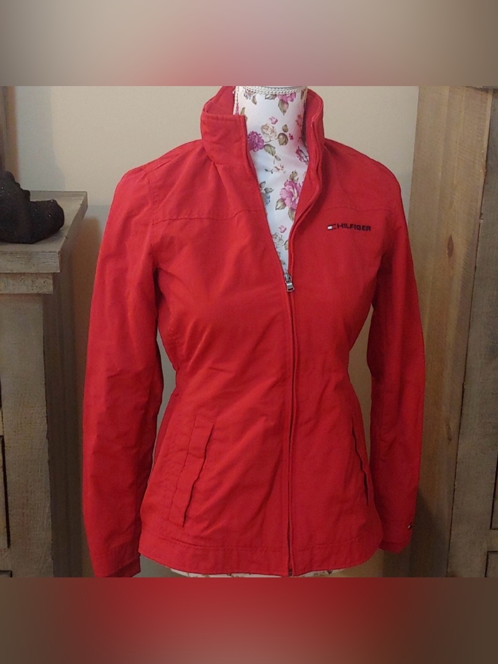 Tommy Hilfiger Women's Red Stand-Collar Zip Utility Jacket